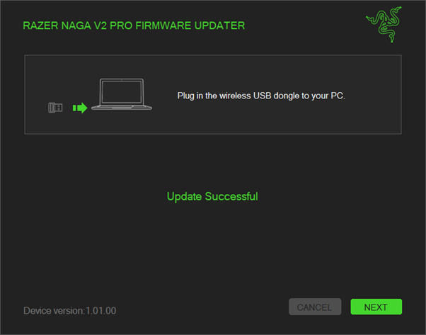 Updater window showing the completion of the update process on the dongle