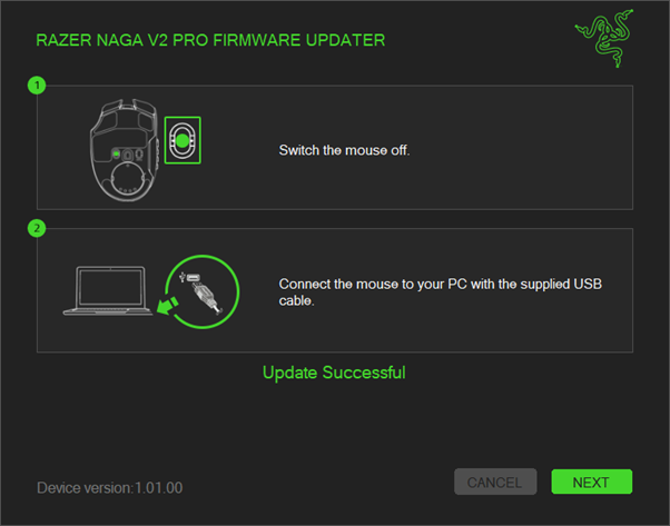 Updater window showing the completion of the update process using the supplied cable