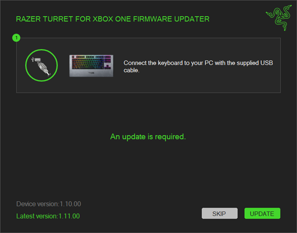 Updater window instructing to connect keyboard to PC