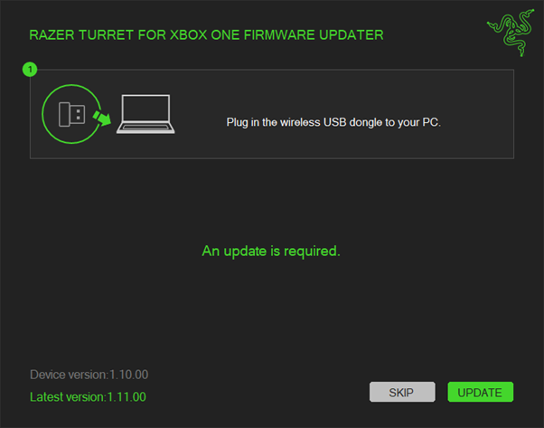 Updater window instructing to plug in USB dongle to PC