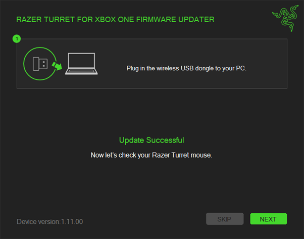 Updater window showing the completion of the update process for the USB dongle