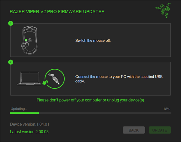 Updater window showing the progress of the update process using the supplied cable
