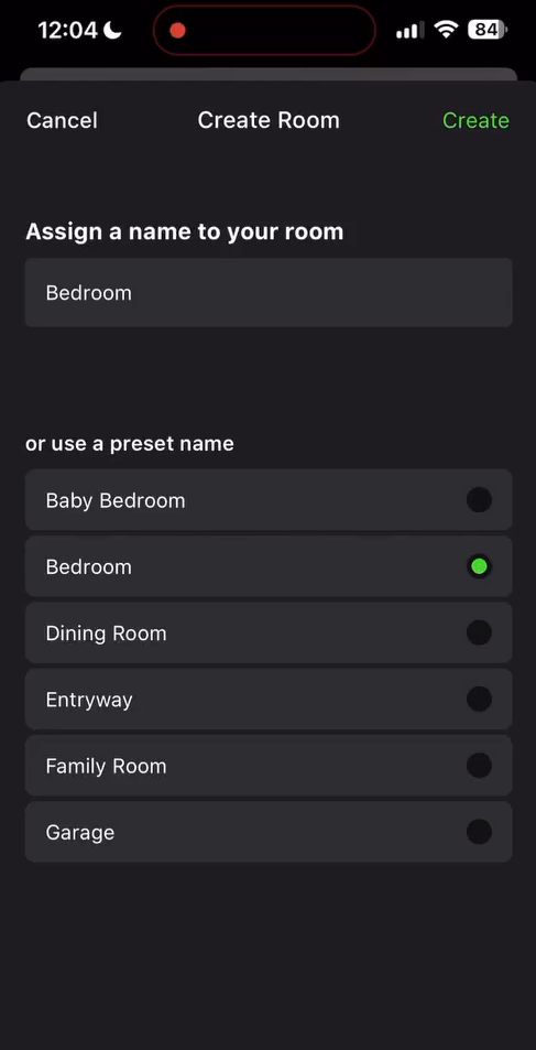 mobile screen showing a field to enter name of the room