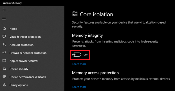 Core Isolation window