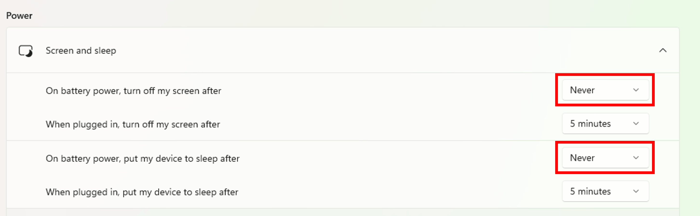 Power settings window