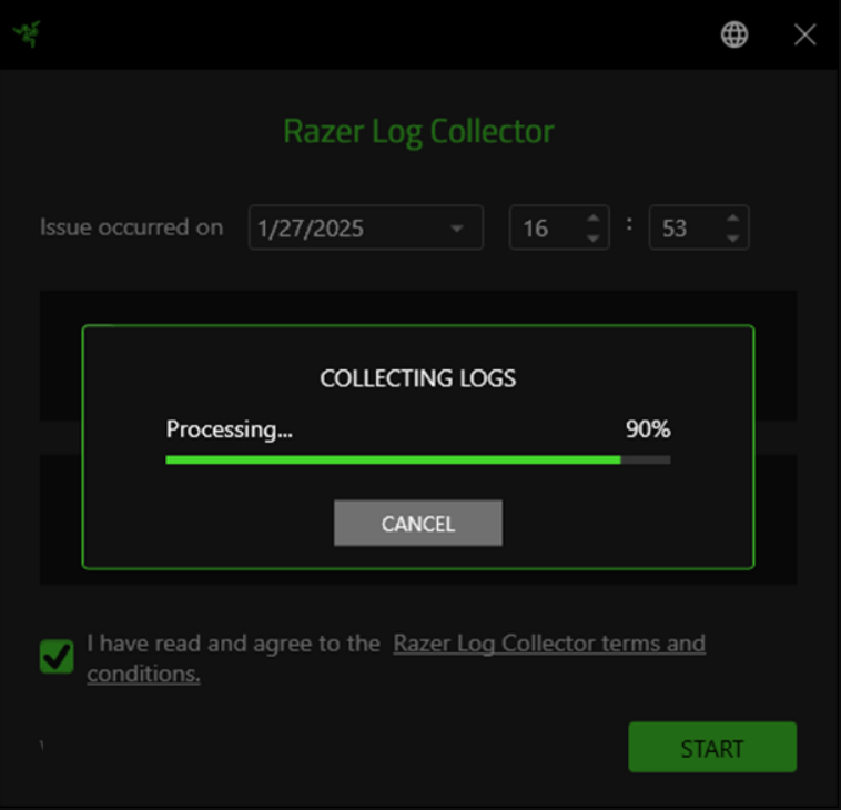 screenshot of the log collector progress bar