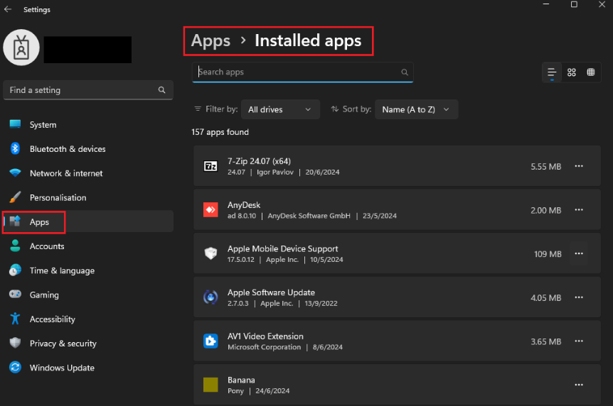 screenshot of the computers installed apps