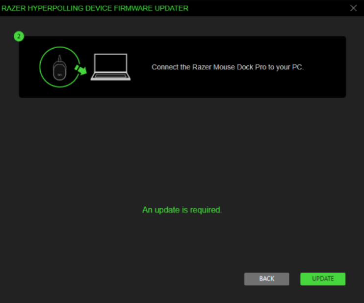 Updater window informing to connect the Razer Mouse Dock Pro to the PC