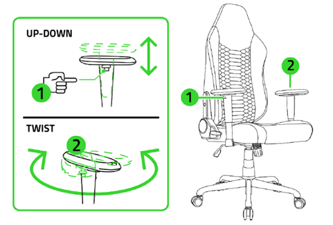 Push the armrest’s height adjustment button to raise or lower the armrests.
