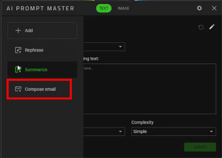 Ventana de redacción de correo electrónico de AI Prompt Master