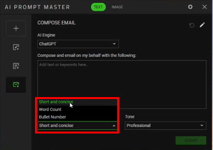 Ventana de redacción de correo electrónico de AI Prompt Master