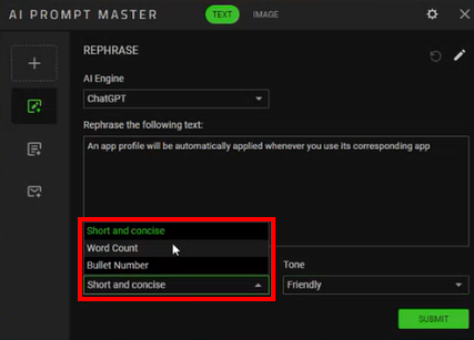 Ventana REPHRASE de AI Prompt Master