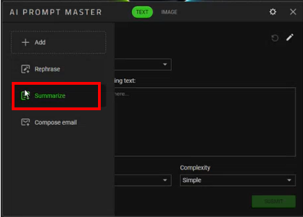 Ventana de resumen de AI Prompt Master