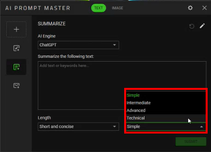 Ventana de resumen de AI Prompt Master