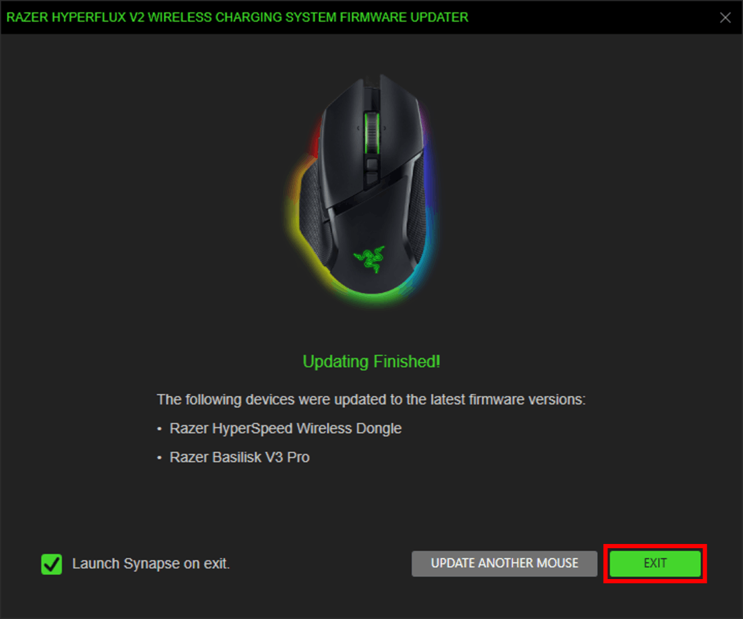 Update completion confirmation window