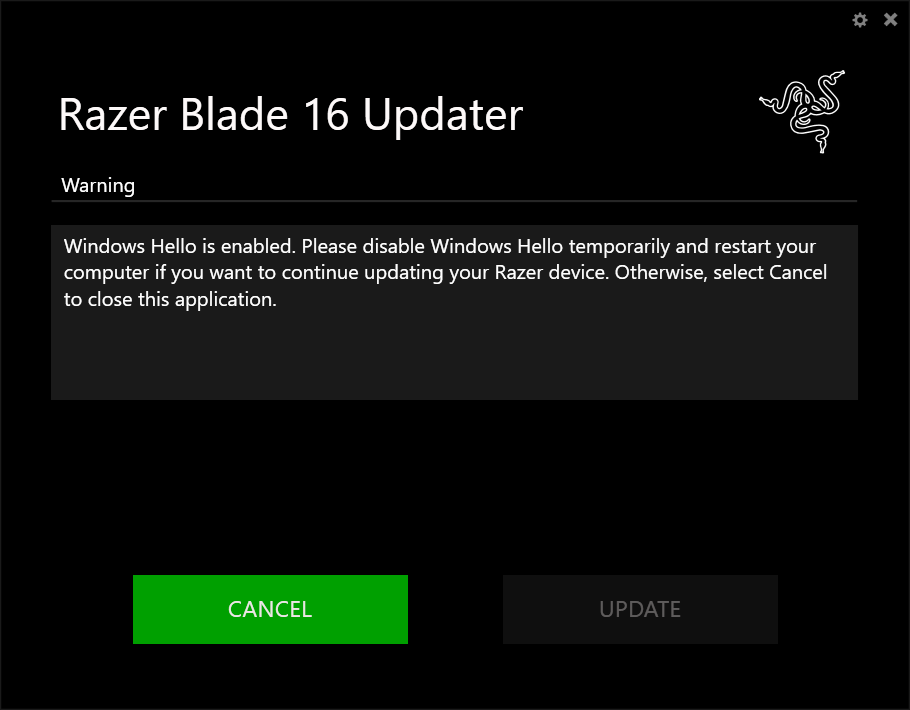 Windows Hello warning window
