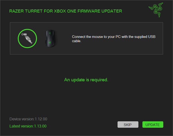 Updater window instructing to connect mouse to PC