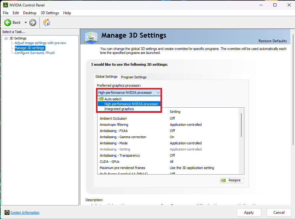 Manage 3D Settings page