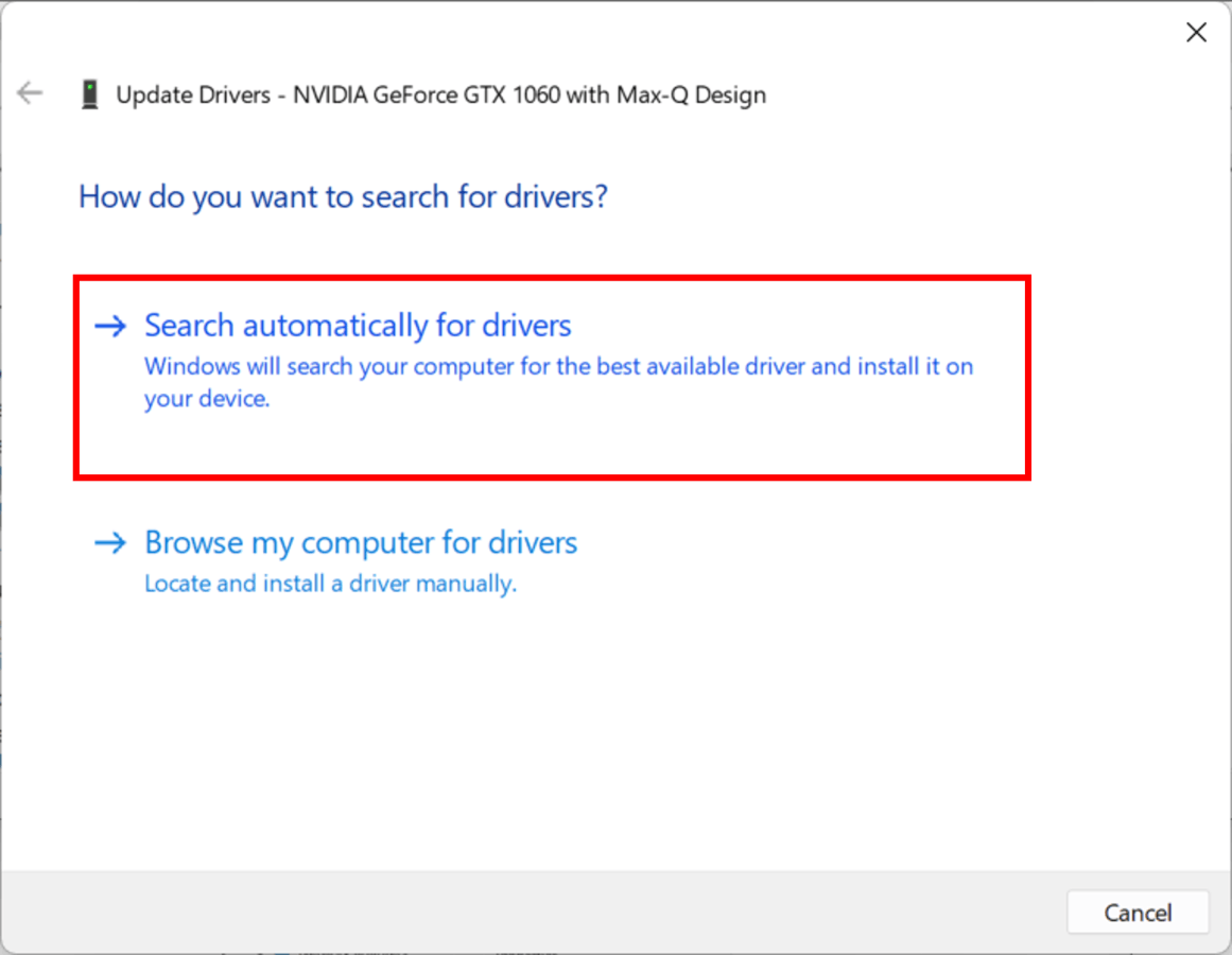 Update Drivers window with 'Search automatically for drivers' option highlighted