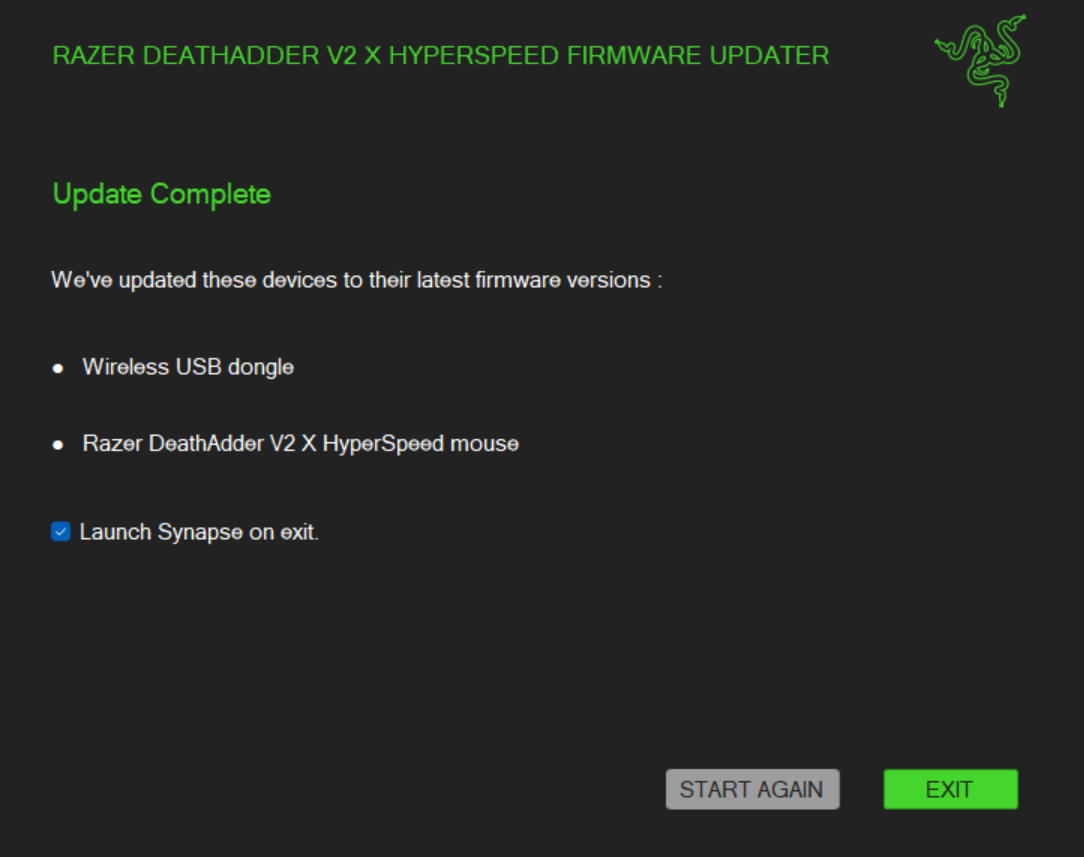 Razer DeathAdder V2 X HyperSpeed Firmware Updater update complete
