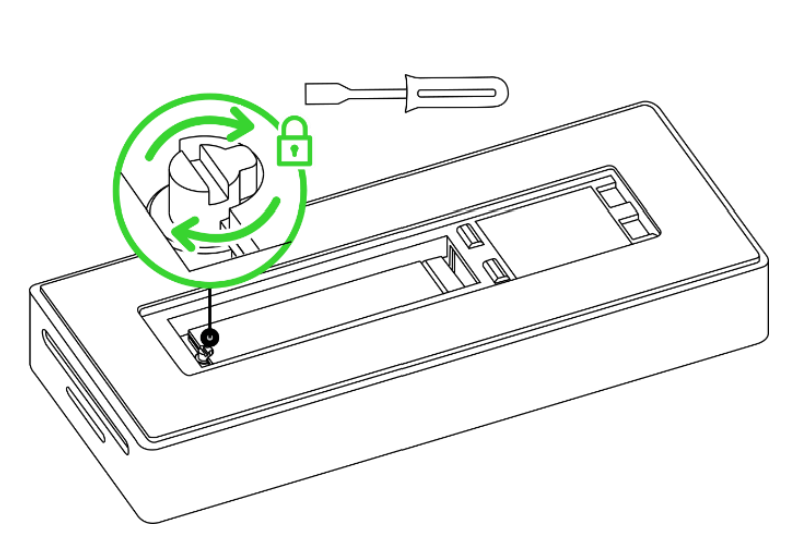 Turn the locking mechanism with a flat edge to secure the drive in place