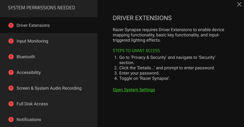 List of permissions and steps to enable window