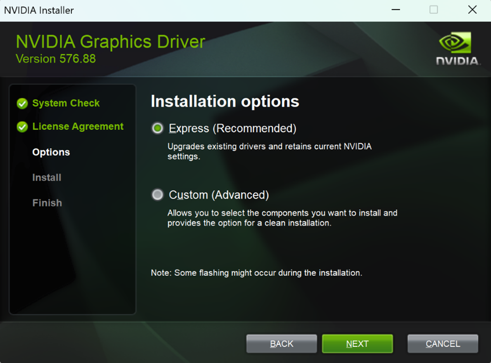 Nvidia installation options screen