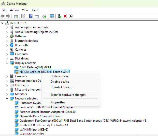 Device manager window
