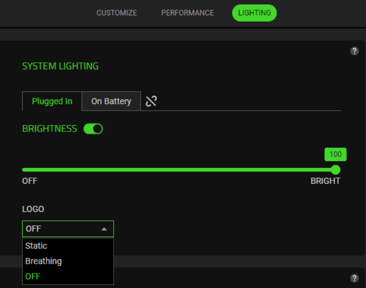 System lighting tab on Synapse 4 showing the logo lighting options