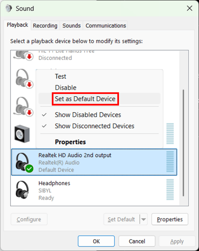 Playback tab in the sound settings window