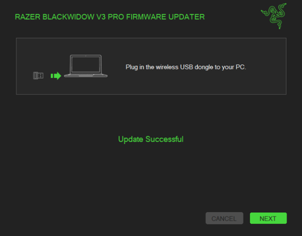 Wireless USB dongle update is sucessful screen.