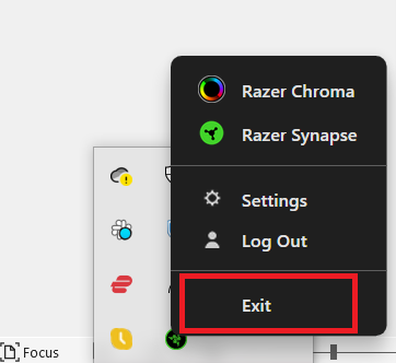 Windows UI showing how to exit Razer Synapse