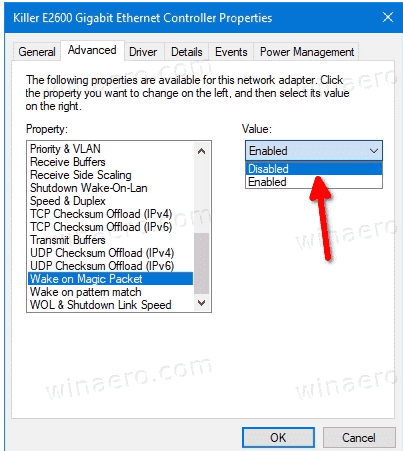 Disable Wake on Magic Packet