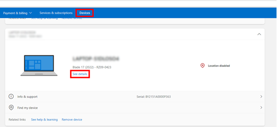 Microsoft account page showing list of devices