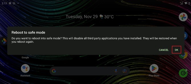 Reboot to safe mode prompt