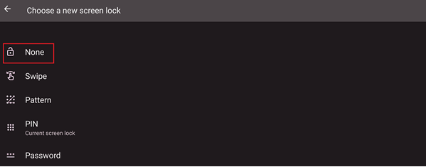 none option highlighted under choose a new screen lock