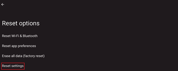 reset settings option highlighted under reset options