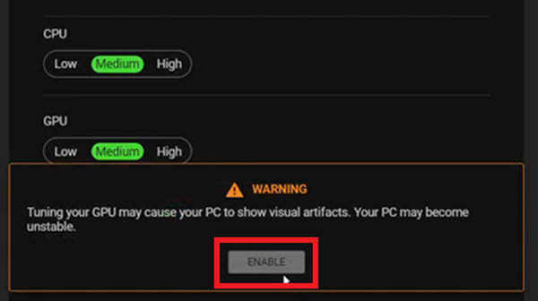 GPU Overclocking warning message