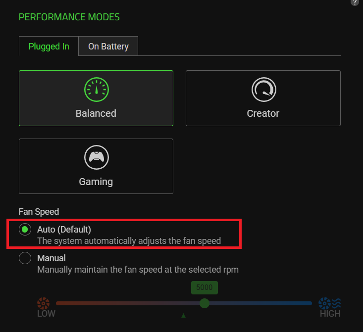 performance mode window with auto selected